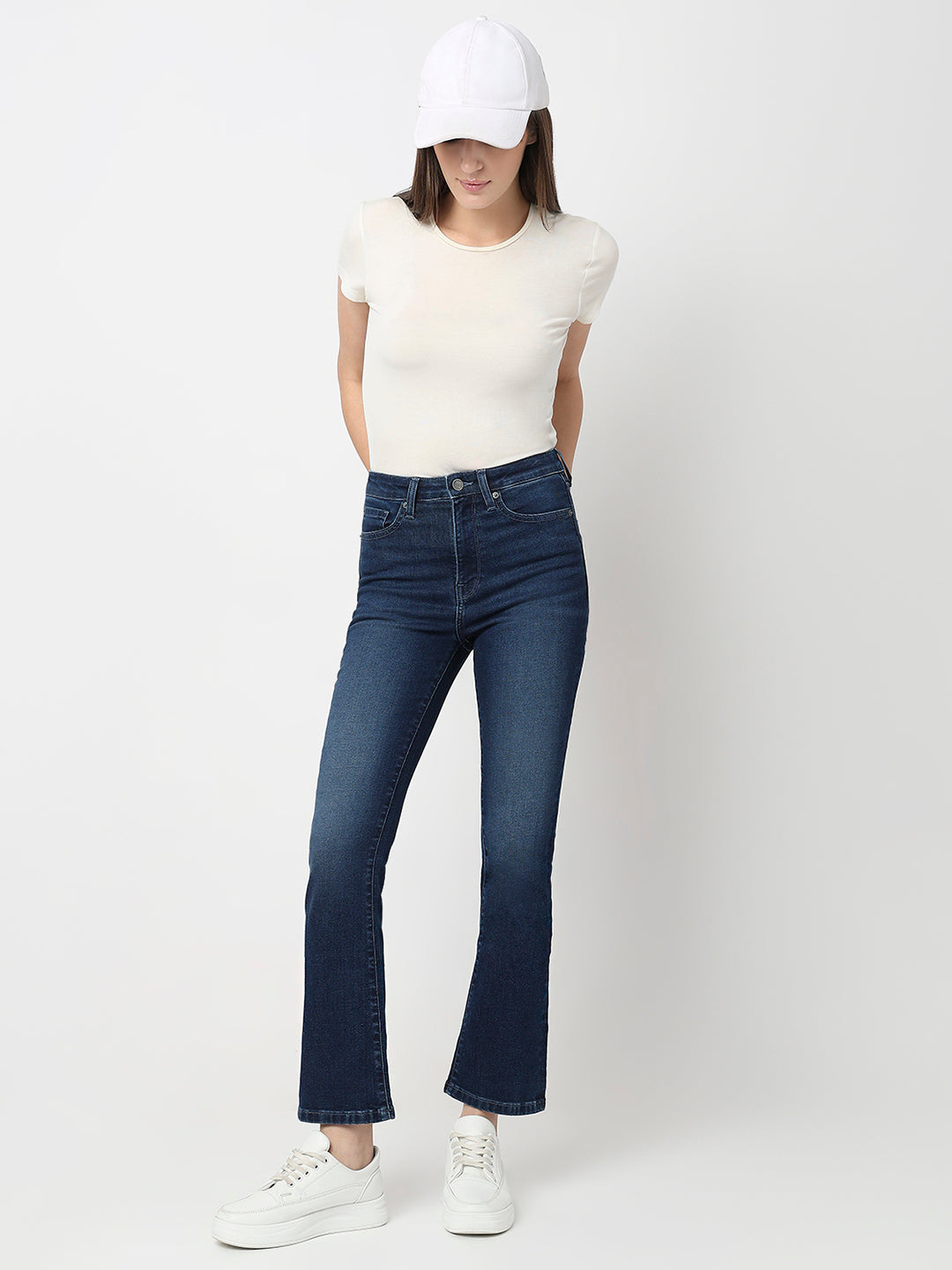 Spykar Dark Blue High Rise Boot Cut Fit Casual Jeans For Women