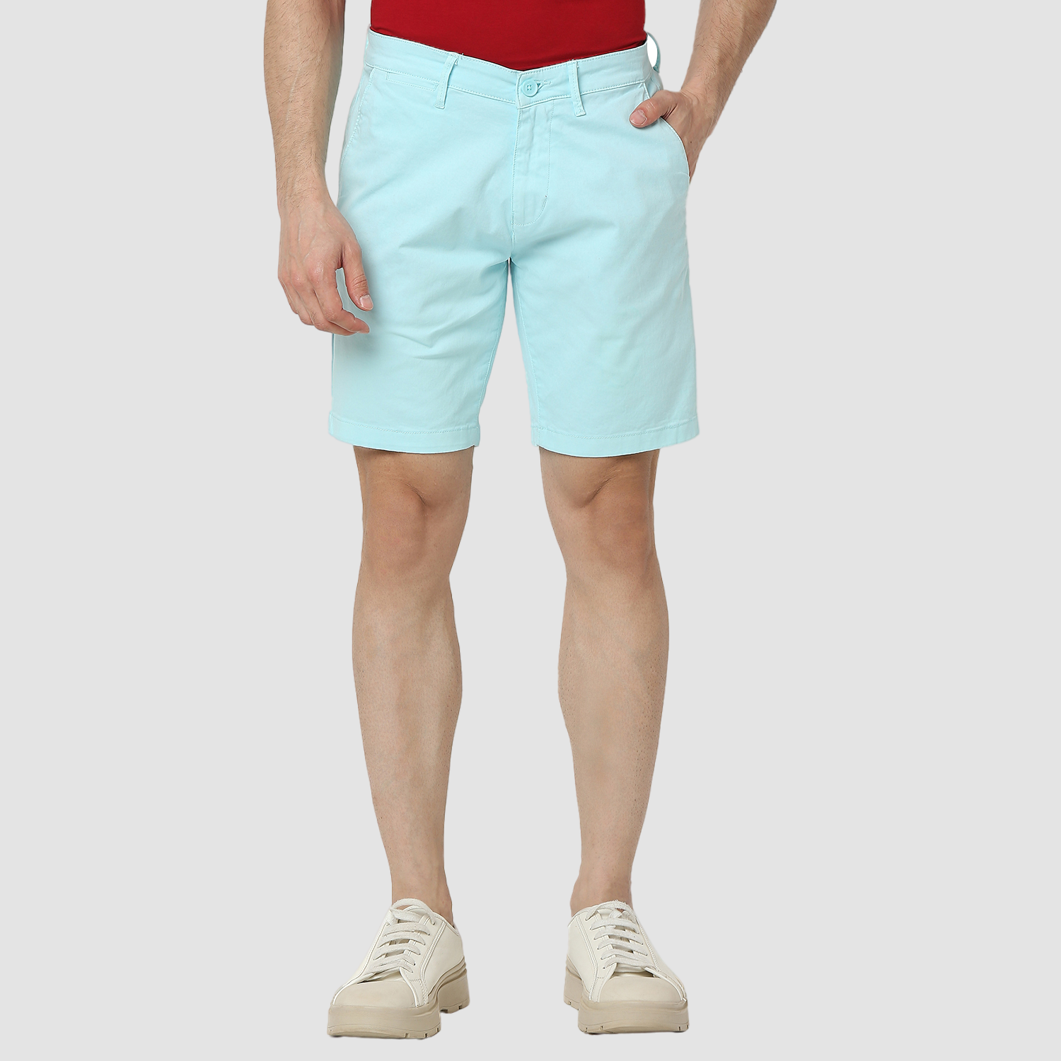 Spykar Aqua Blue Mid Rise Straight Fit Casual Shorts For Men