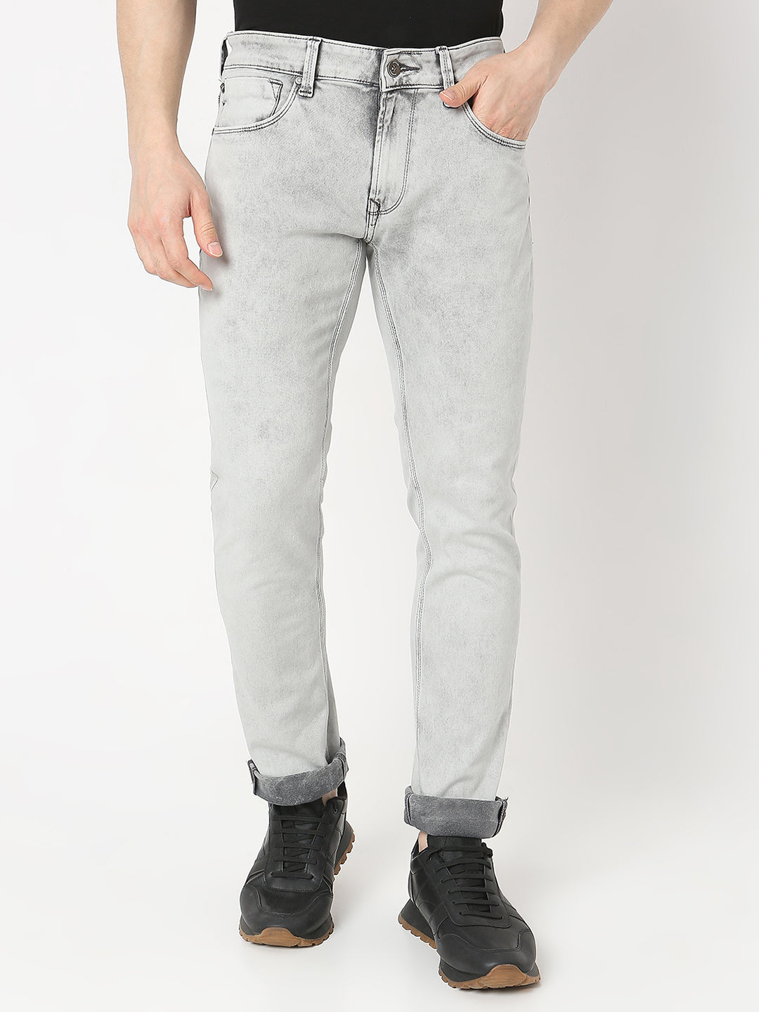 Spykar Mid Rise Regular Fit Light Grey Jeans for Men