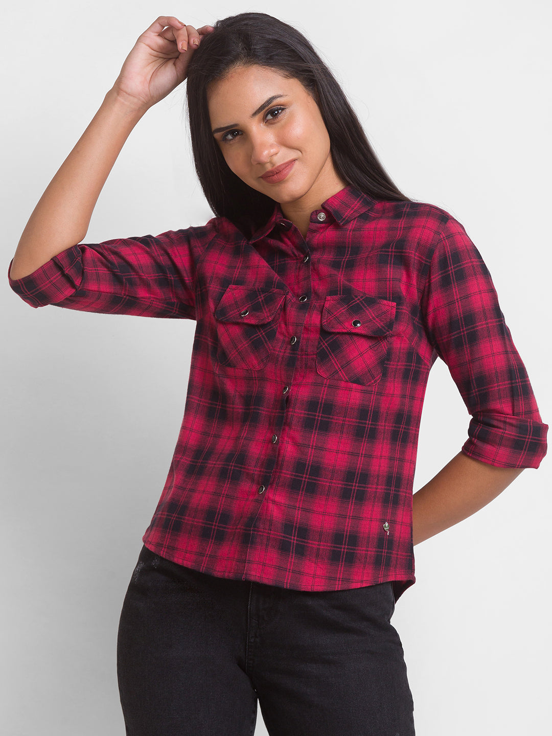 Spykar Red Cotton Full Sleeve Checks Shirts For Women