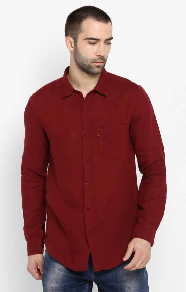 Spykar Men'S Red Linen Solid Casual Shirts