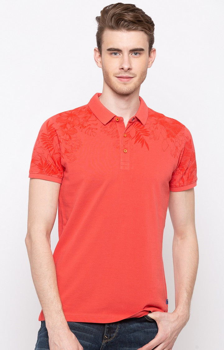 Spykar Pestle Orange Printed Slim Polo Fit T-Shirt