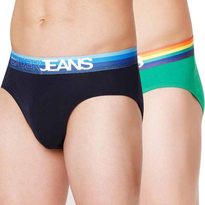 Men Premium Green Multi & Navy Blue Cotton Blend Brief (Pack Of 2)- Underjeans By Spykar