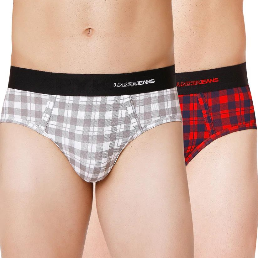 Men Premium Blue Check & White Check Cotton Blend Brief (Pack Of 2)- Underjeans By Spykar