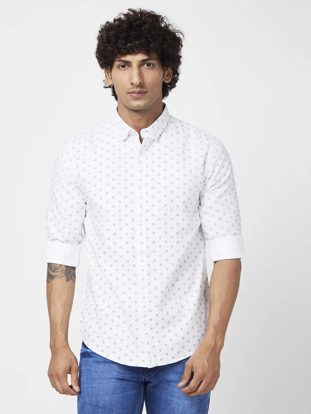 Spykar Men White Cotton Regular Slim Fit Full Sleeve Causal Printed Shirt