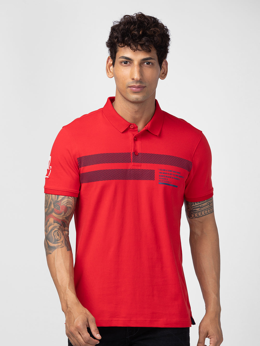 Spykar Men Deep Red Cotton Regular Fit Half Sleeve Printed Polo T-Shirt