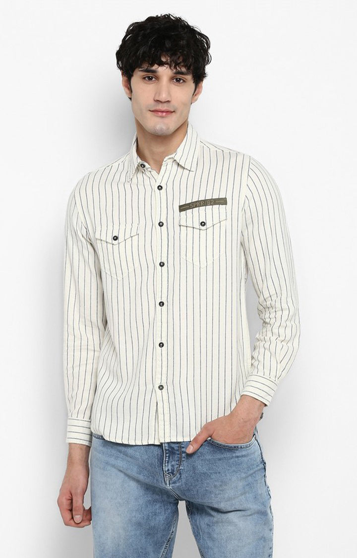 Spykar Men'S White Cotton Striped Casual Shirts