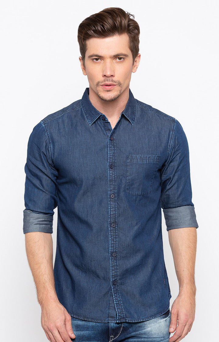 Spykar Men'S Blue Cotton Solid Casual Shirts