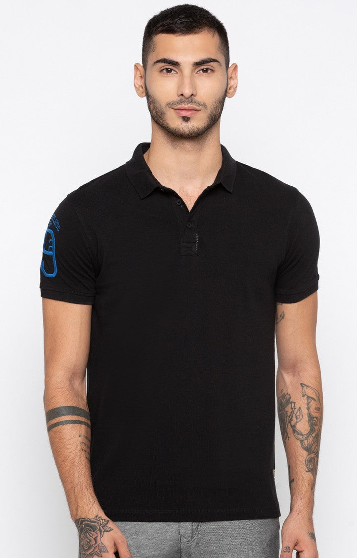 Spykar Black Solid Slim Fit Polo T-Shirt