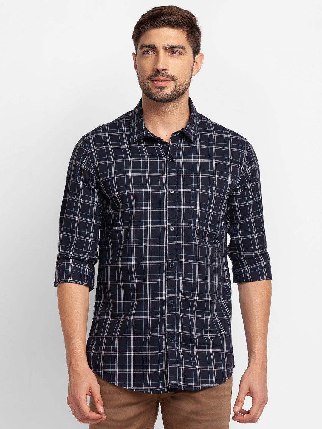 Spykar Navy Blue Cotton Full Sleeve Checks Shirt For Men