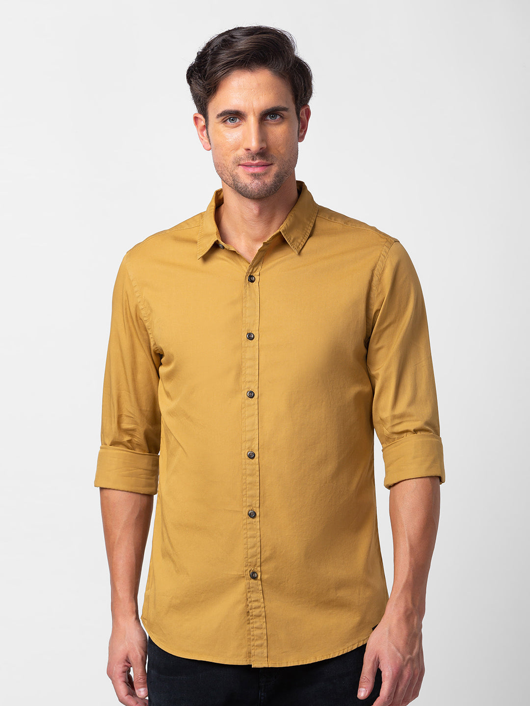 Spykar Men Camel Khaki Cotton Slim Fit Plain Shirt