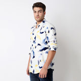 Men Shirt Print White Slim Fit