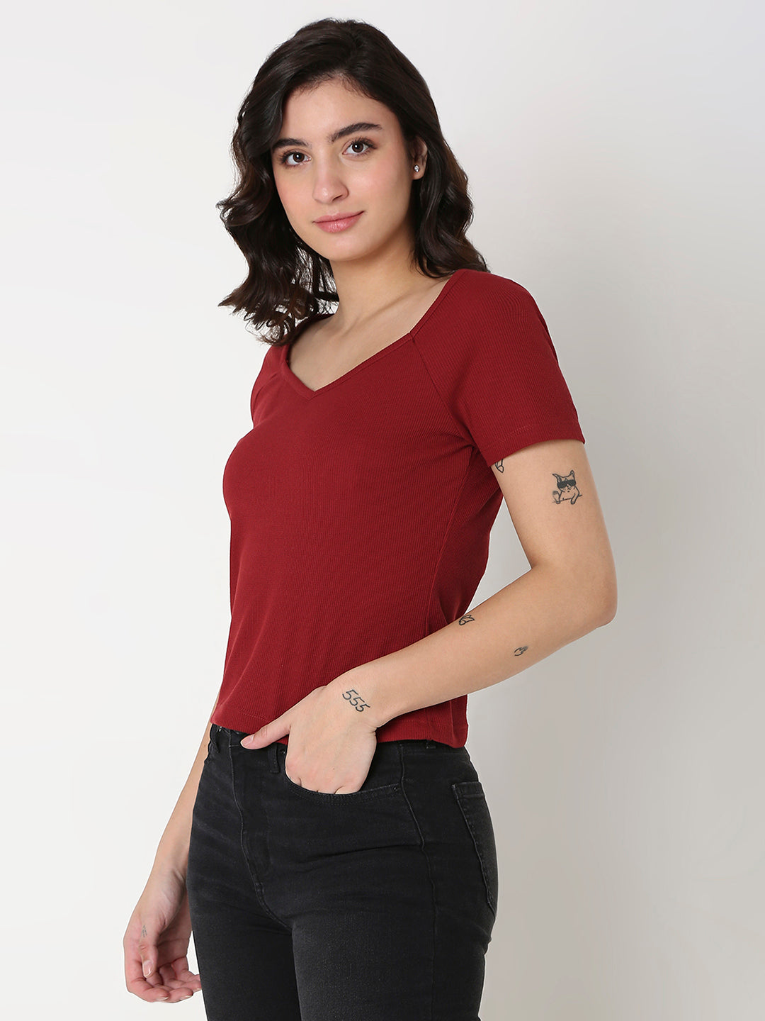 Spykar Maroon Slim Half Sleeve Solid T-Shirts For Women