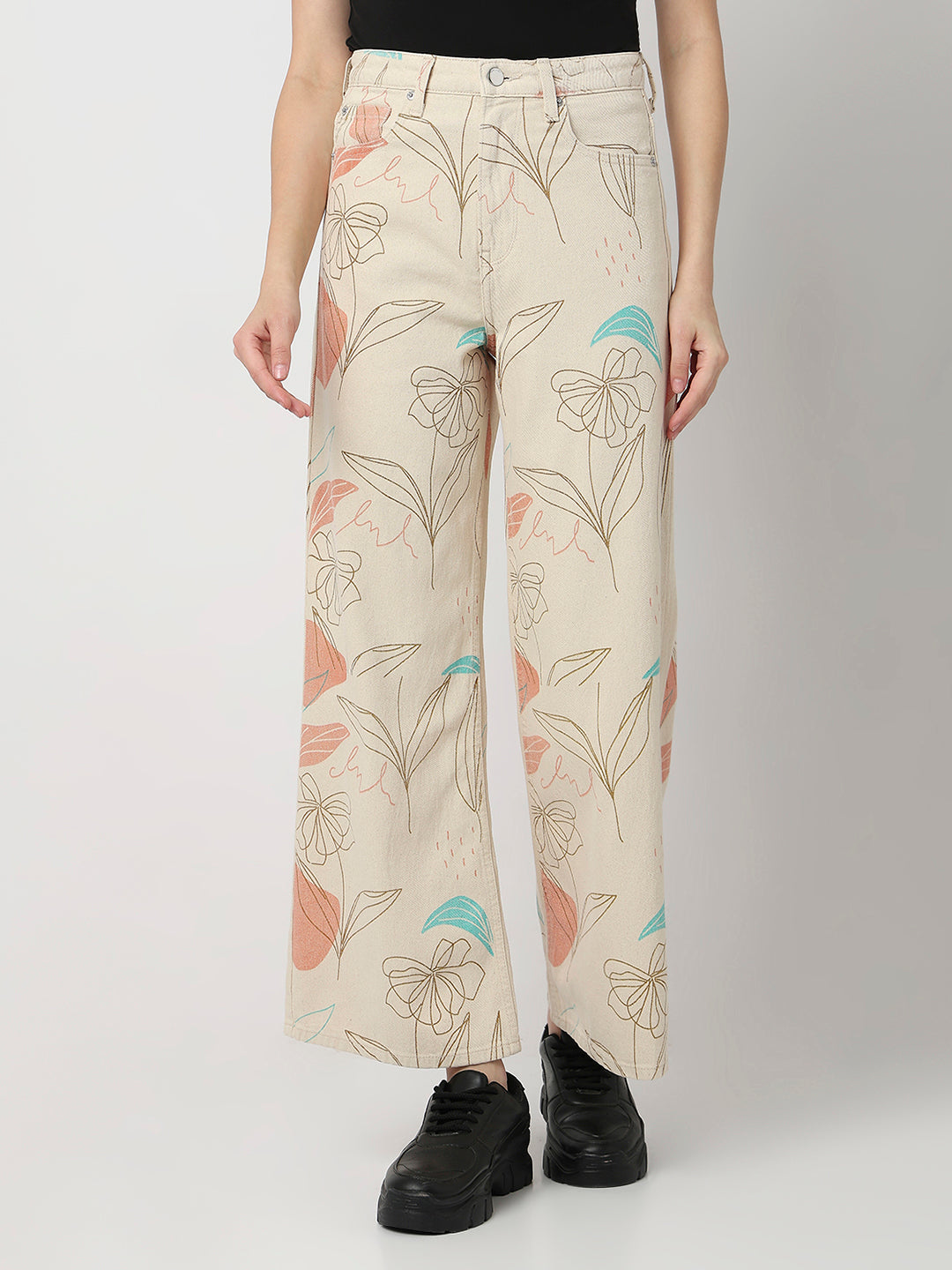 Spykar Ecru High Rise Wide Leg Casual Jeans For Women
