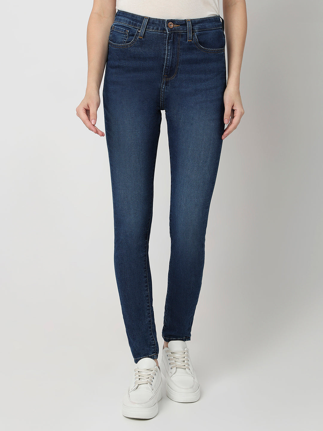 Spykar Dark Blue High Rise Super Skinny Fit Casual Jeans For Women