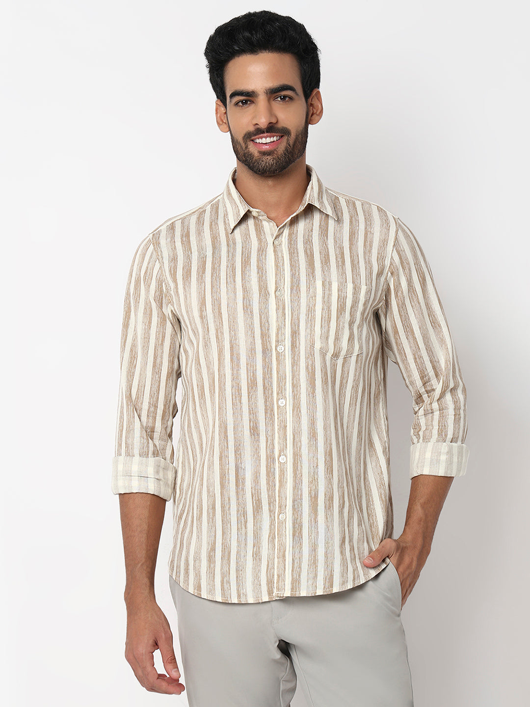 Spykar Light Fawn Slim Fit Casual Shirts For Men