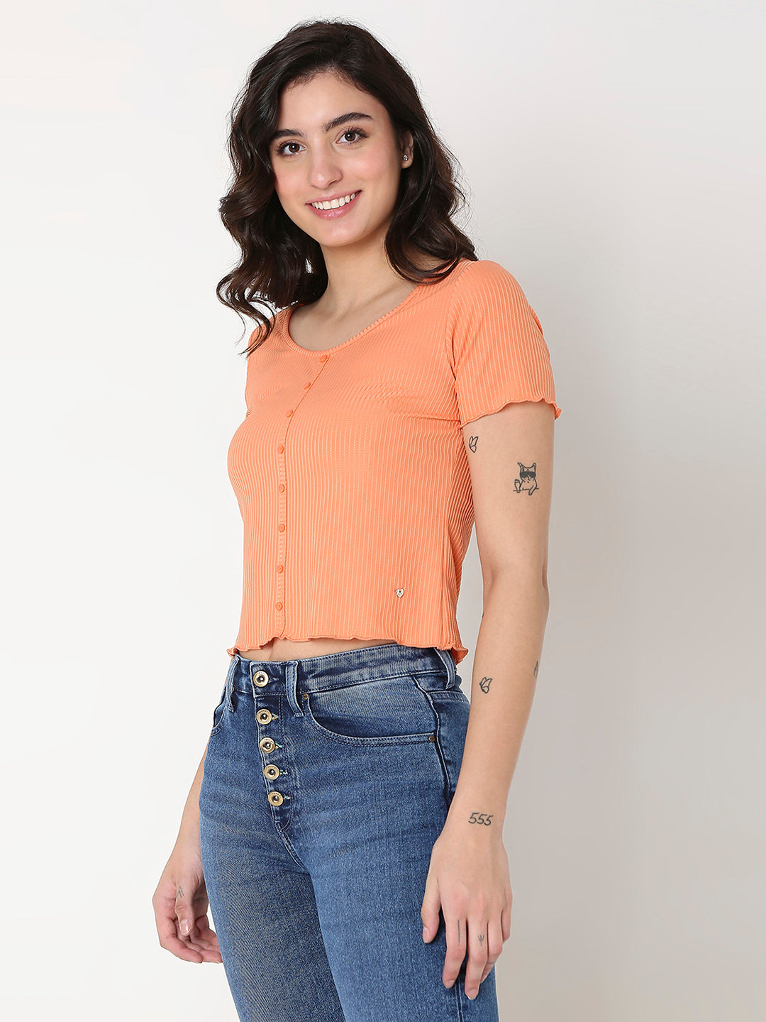 Spykar Orange Slim Half Sleeve Solid T-Shirts For Women