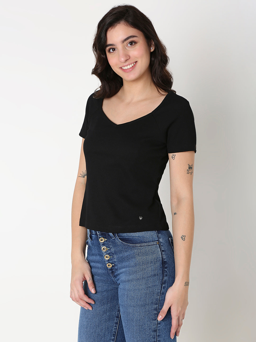 Spykar Black Slim Fit Half Sleeve Solid T-Shirt For women