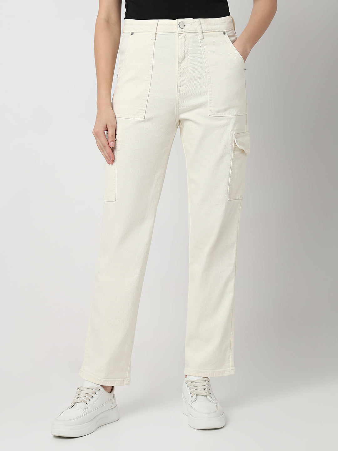 Spykar Ecru High Rise Straight Fit Casual Jeans For Women