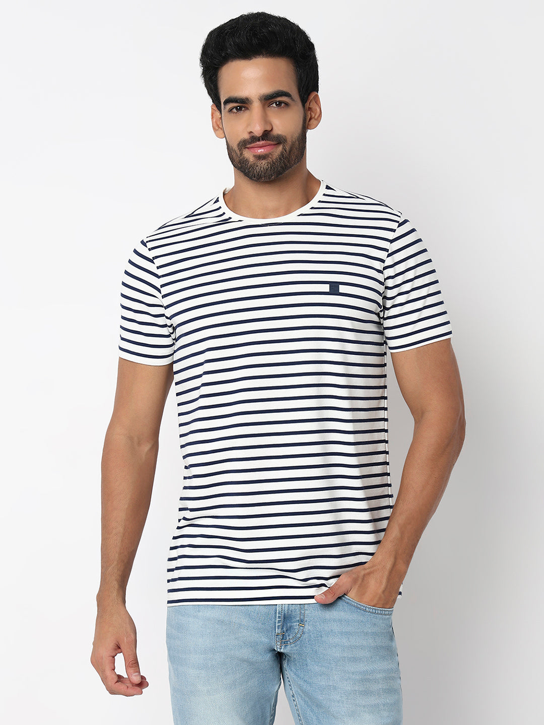 Spykar Navy Blue Slim Fit Casual T-Shirts For Men