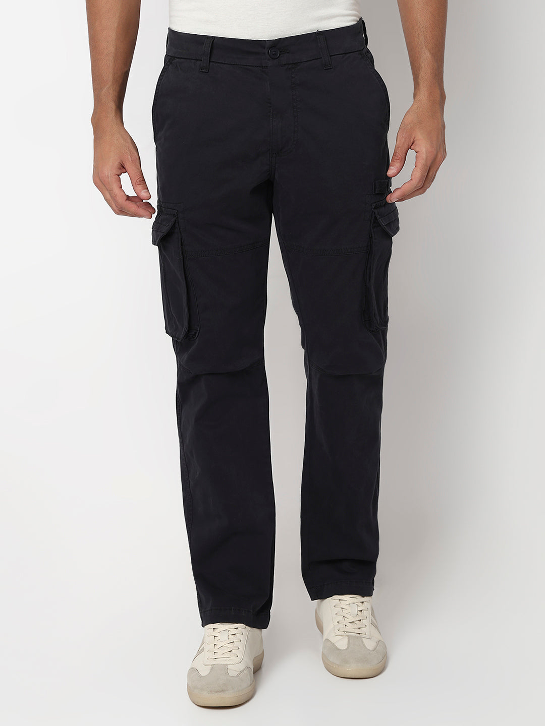 Spykar Navy Blue Mid Rise Regular Fit Casual Trouser For Men