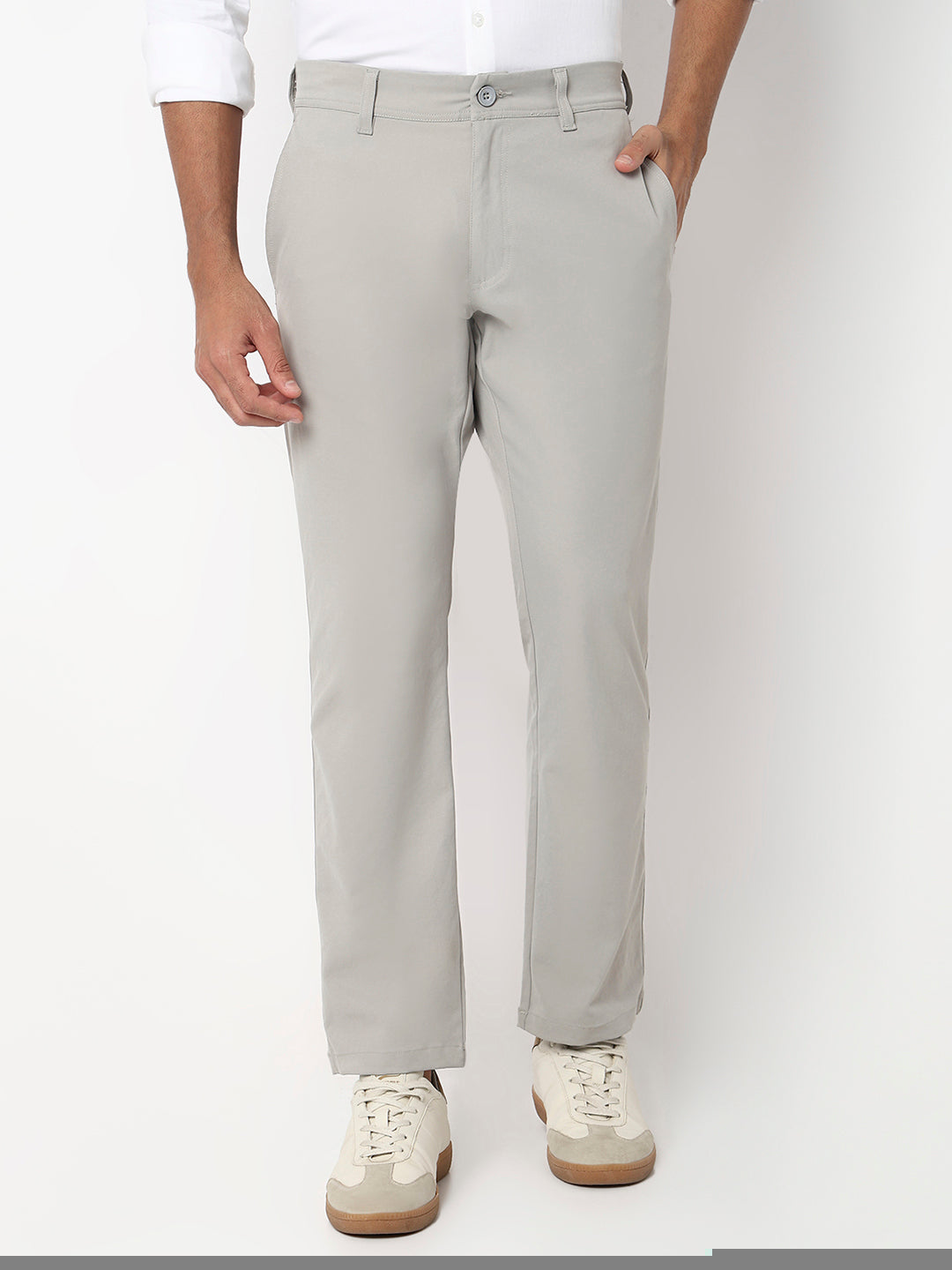 Men Trouser Comfort Fit Grey Mid Rise