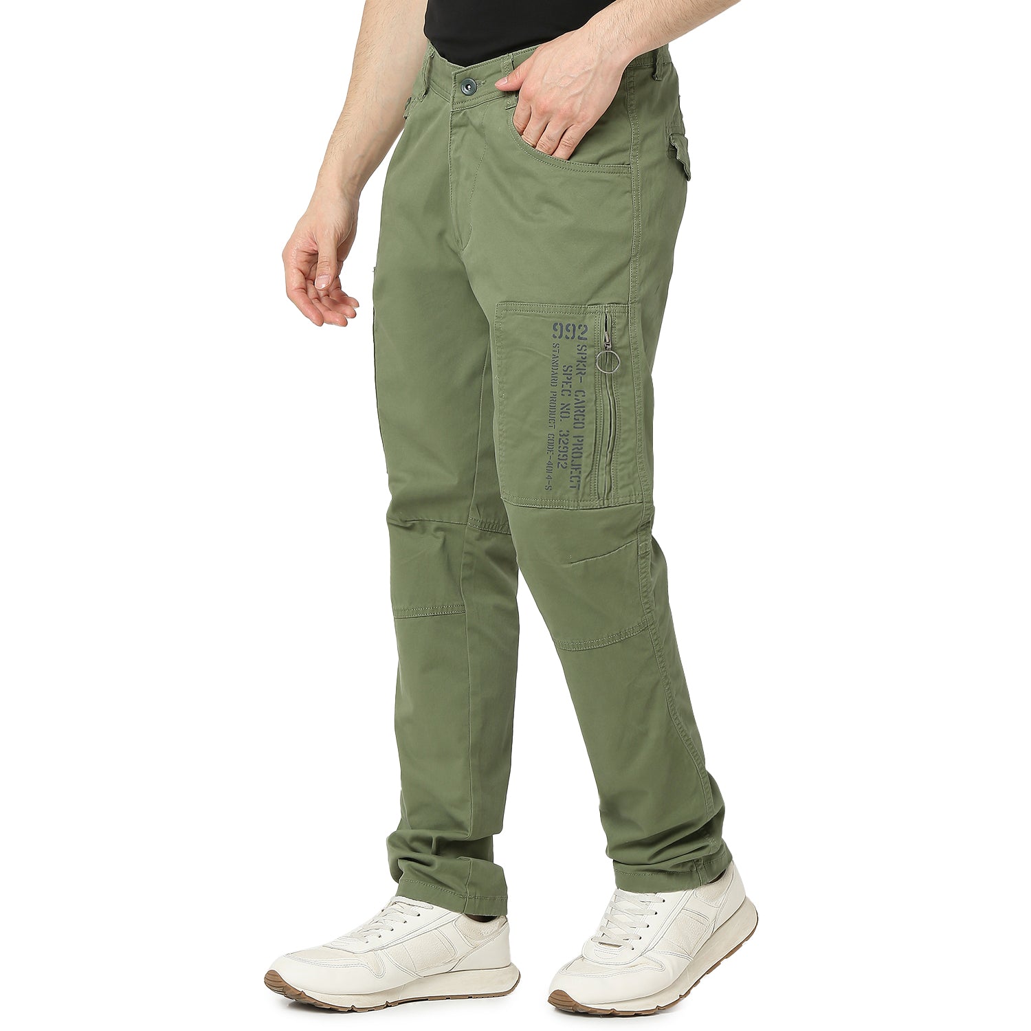 Spykar Sage Green Mid Rise Cargo Fit Casual Trouser For Men