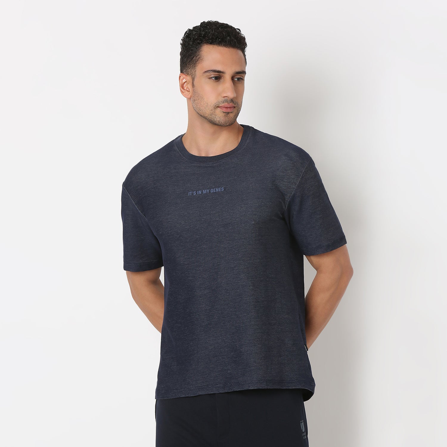 UnderJeans by Spykar Men Basic Dark Denim Blue Oversized T-Shirts