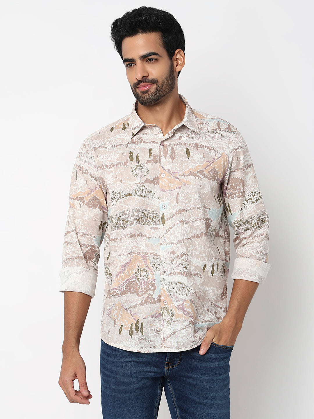 Spykar Taupe Beige Slim Fit Casual Shirts For Men