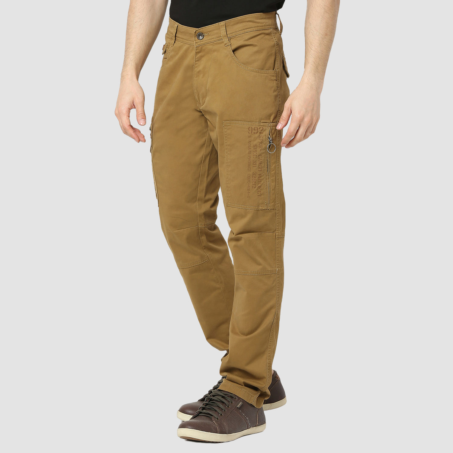 Spykar Camel Khaki Mid Rise Cargo Fit Casual Trouser For Men
