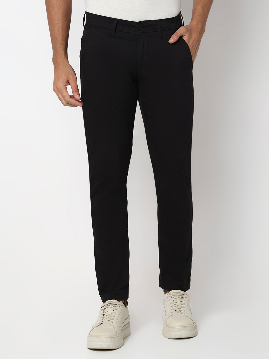 Spykar Black Mid Rise Slim Fit Casual Trouser For Men