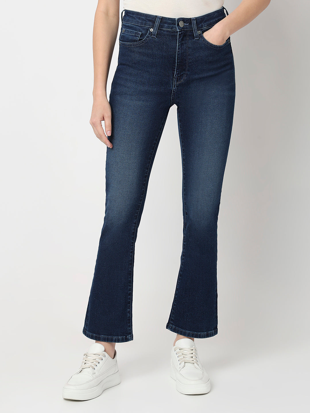 Spykar Dark Blue High Rise Boot Cut Fit Casual Jeans For Women
