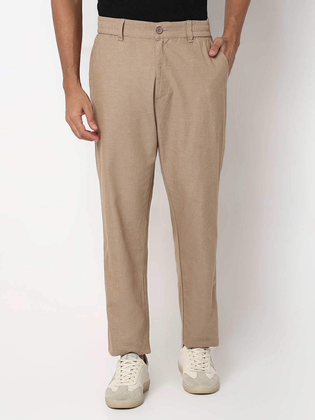 Men Trouser Regular Fit Khaki Mid Rise