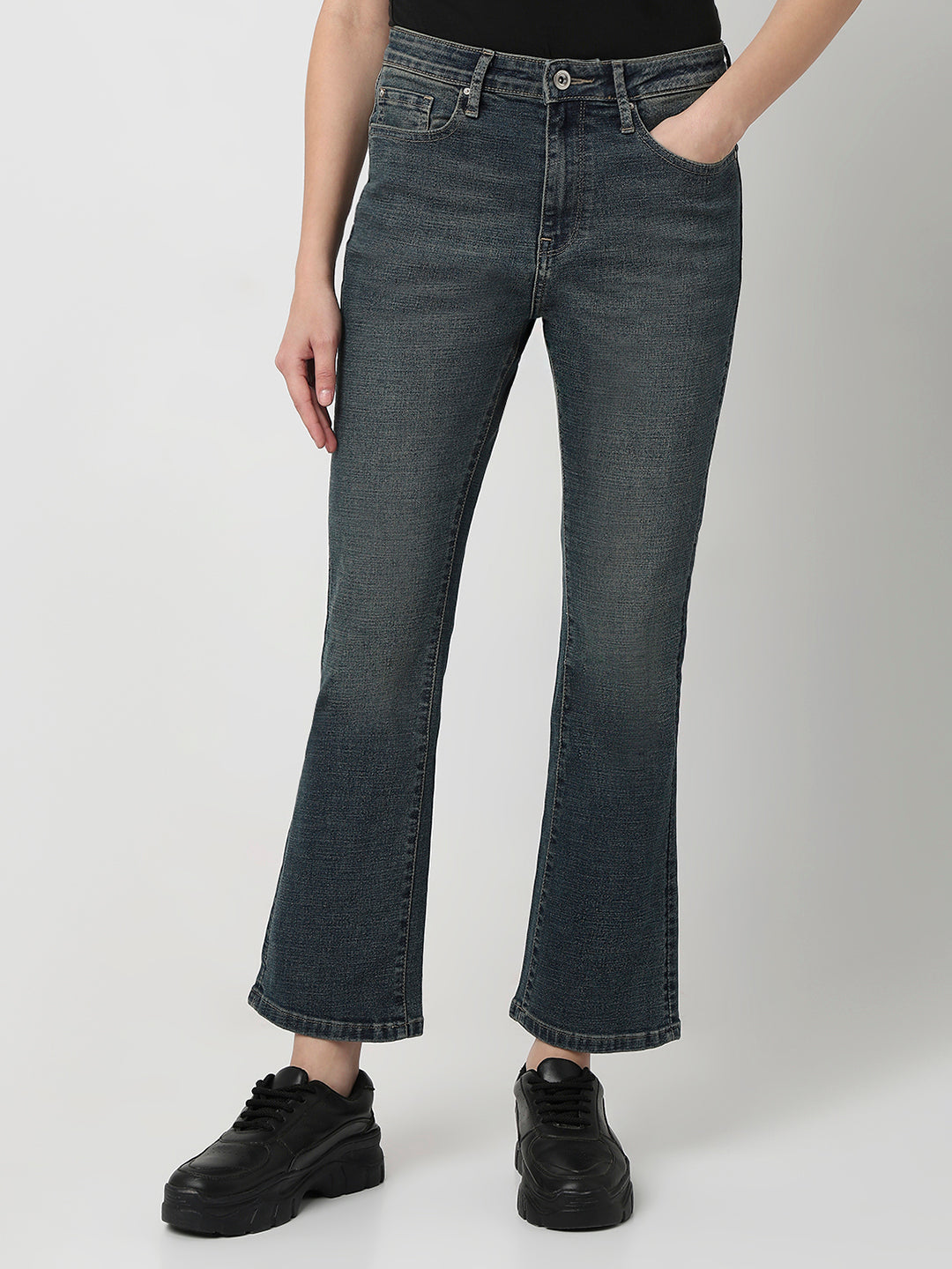 Spykar Vintage Blue High Rise Boot Cut Fit Casual Jeans For Women