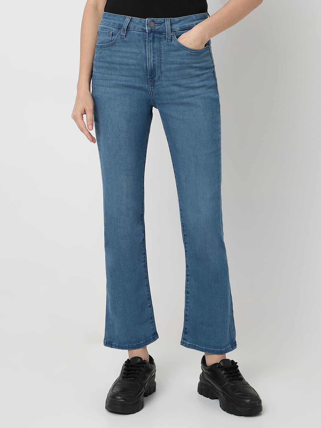 Spykar Mid Blue High Rise Boot Cut Fit Casual Jeans For Women