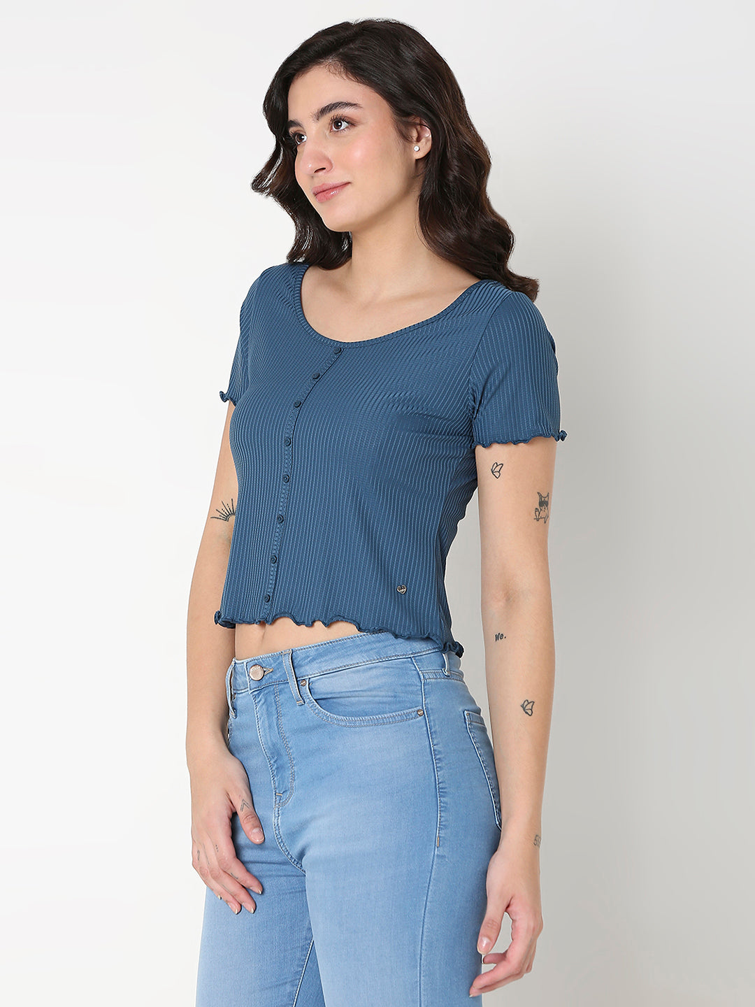 Spykar Blue Slim Half Sleeve Solid T-Shirt For Women