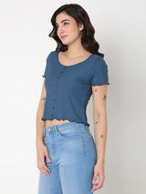 Women T-Shirt Blue Solid Slim Fit