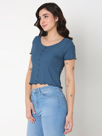 Women T-Shirt Blue Solid Slim Fit