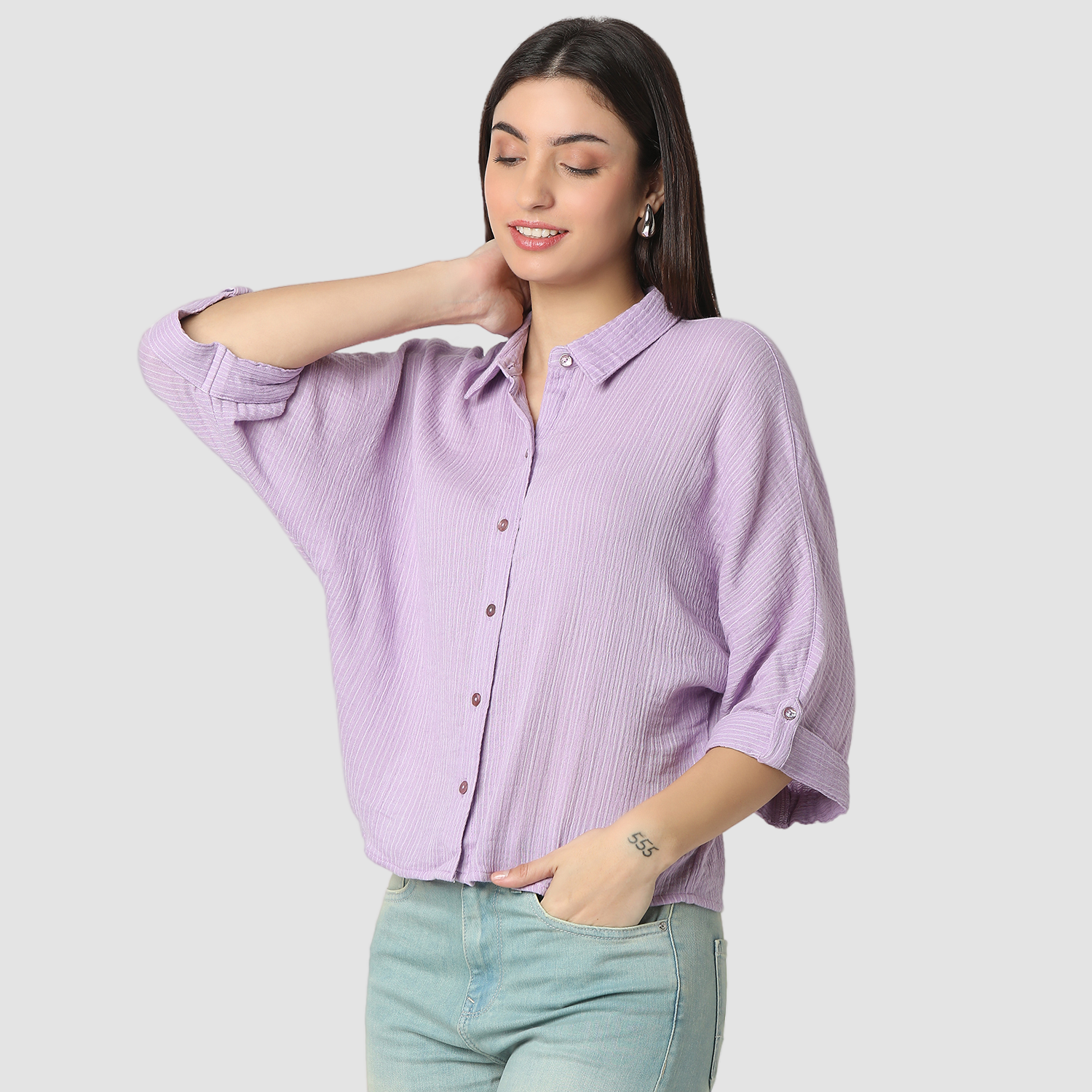 Spykar Crocus Purple Boxy Fit Casual Shirts For Women