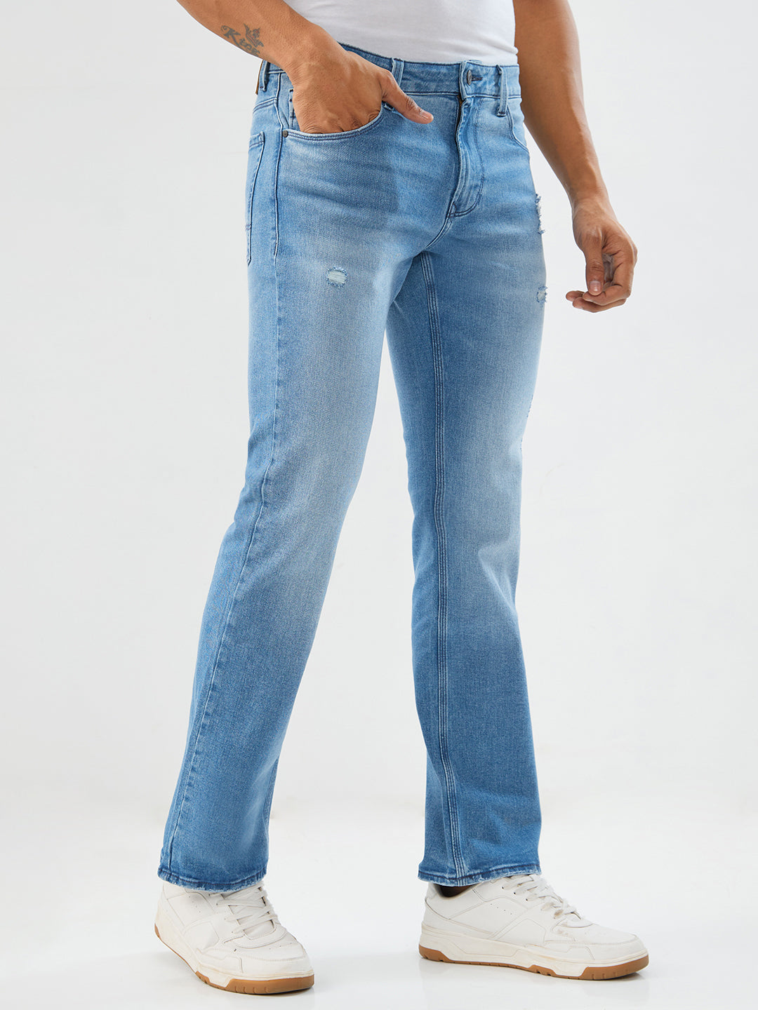 Men Jeans Boot Cut Light Blue Mid Rise