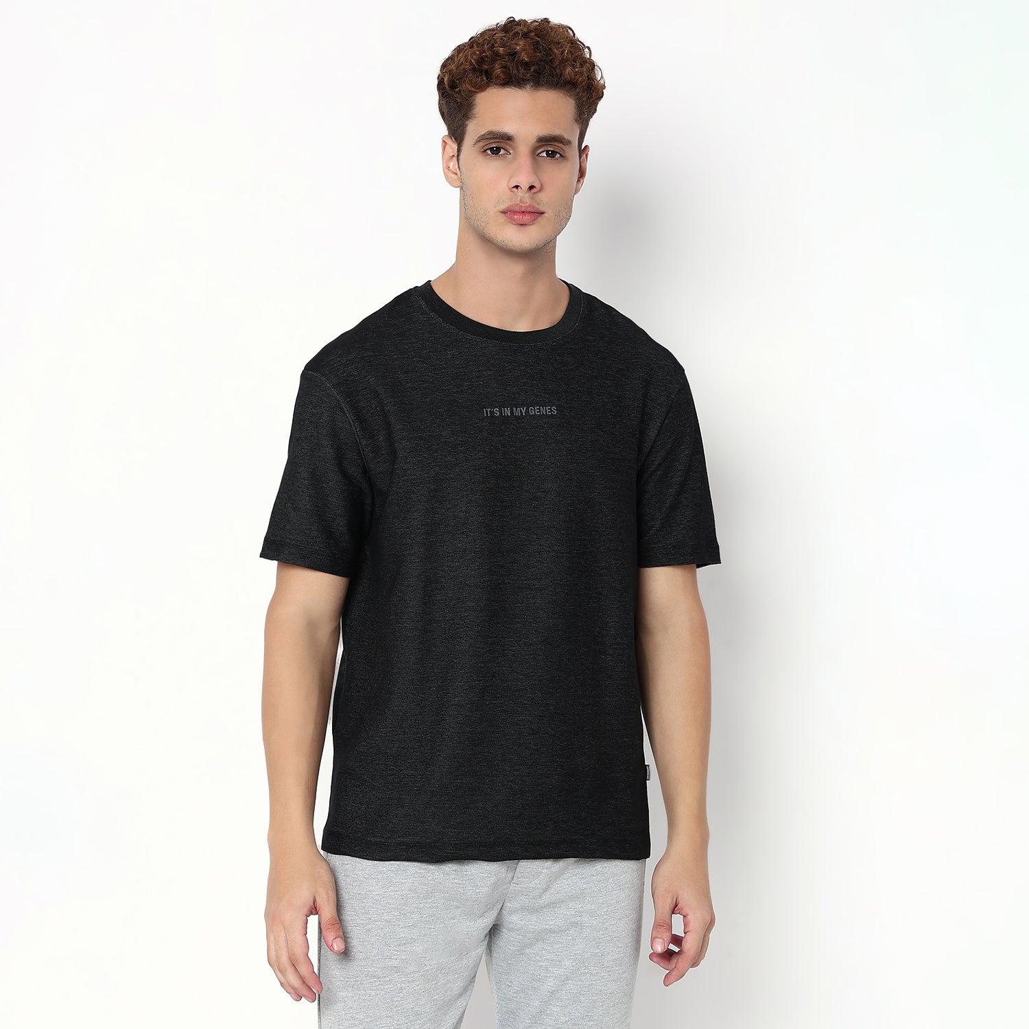 UnderJeans by Spykar Men Basic Dark Denim Black Oversized T-Shirts