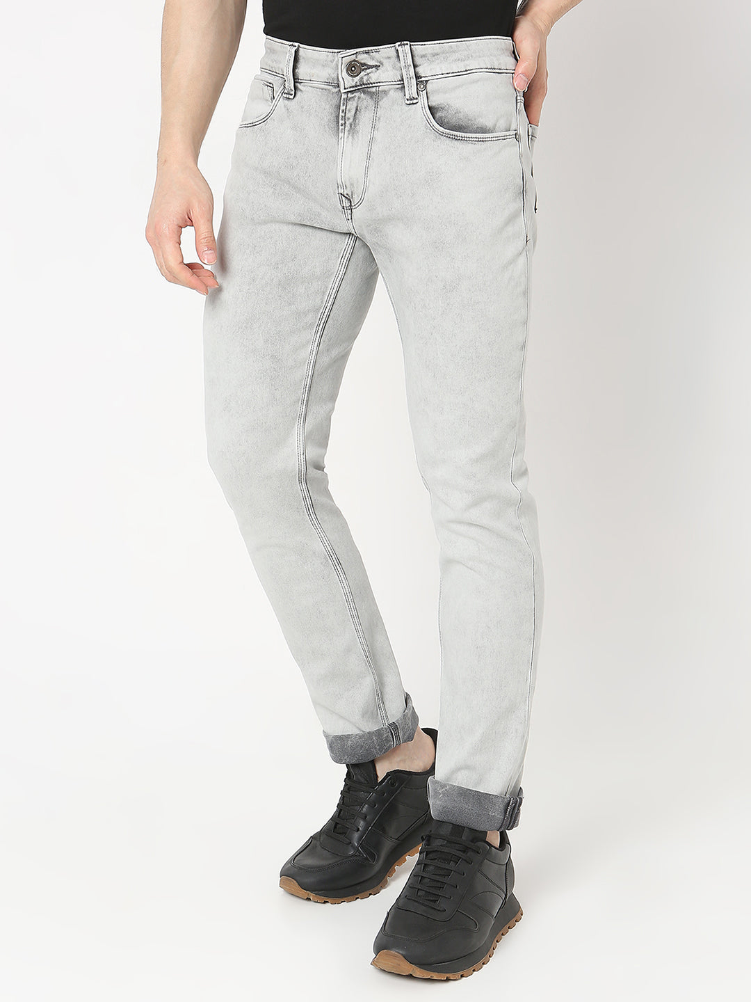 Spykar Mid Rise Regular Fit Light Grey Jeans for Men