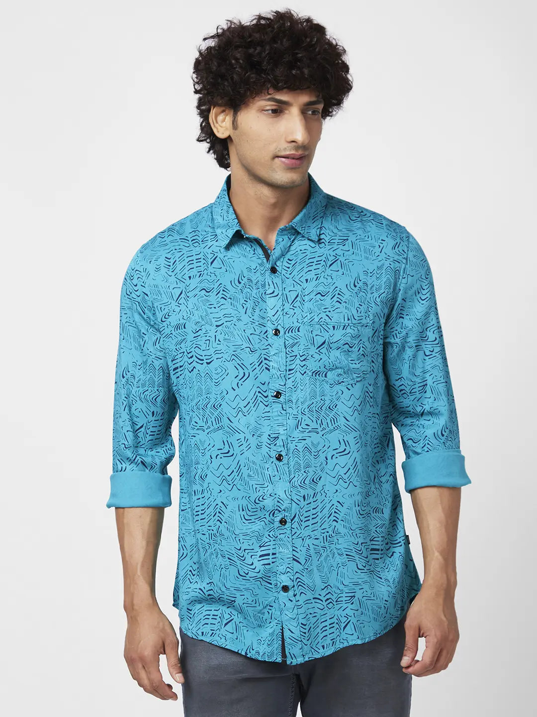 Spykar Men Teal Green Viscose Regular Slim Fit Full Sleeve Causal Printed Shirt