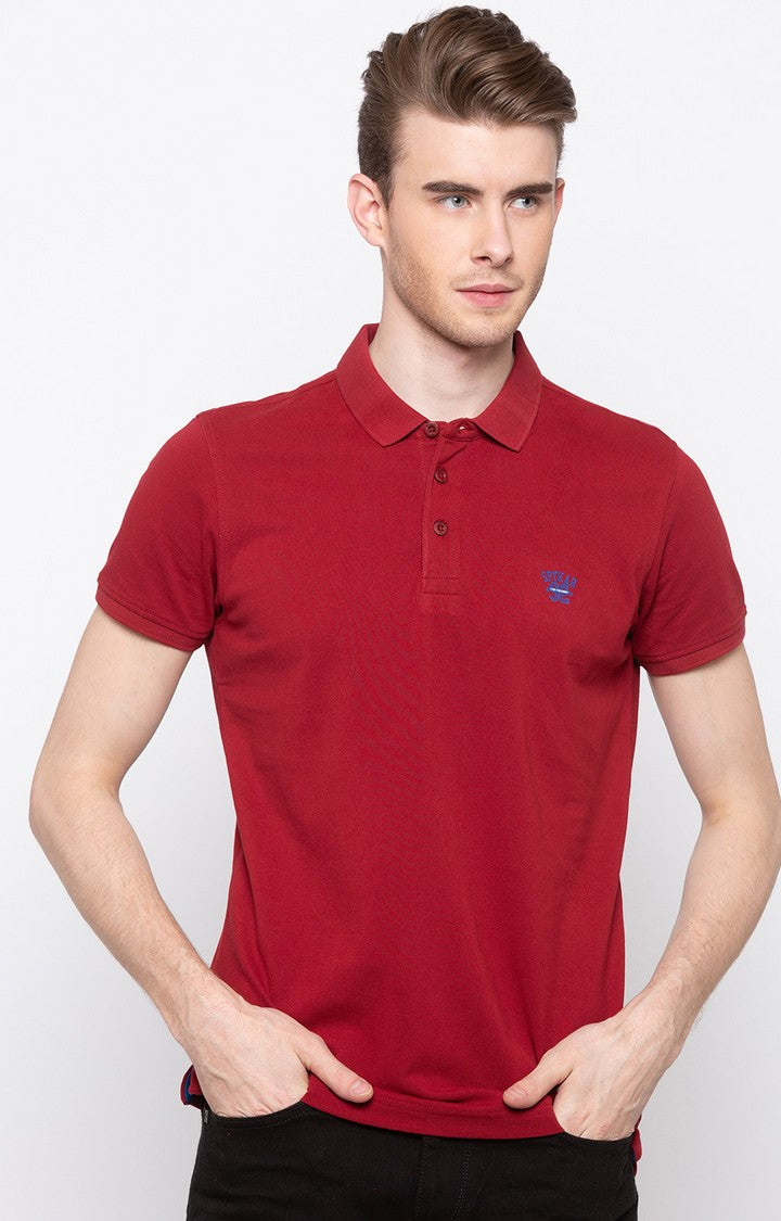 Spykar Red Solid Slim Fit Polo T-Shirt