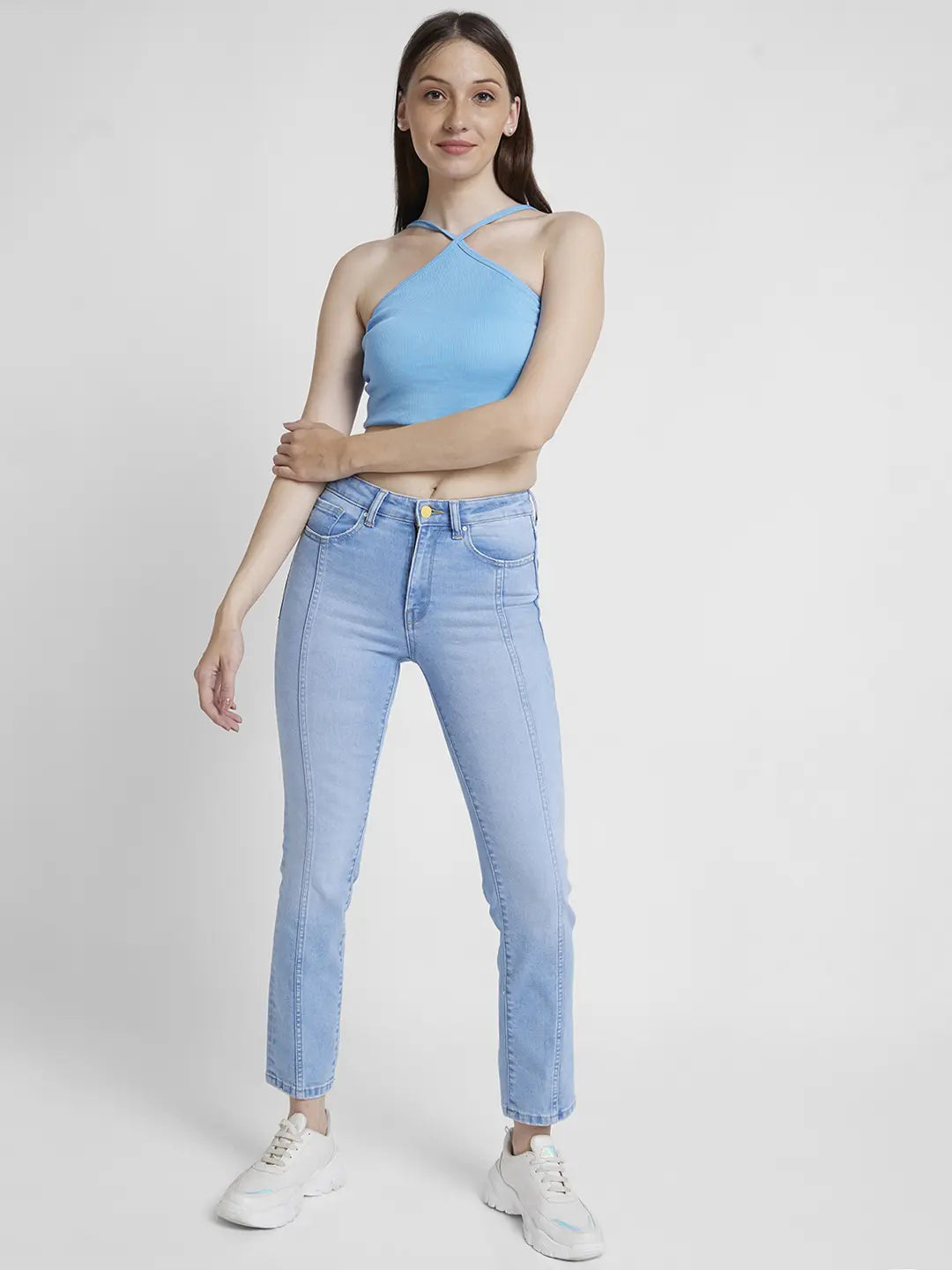 Women Light Blue Lycra Slim Straigth Fit Ankle Length Clean Look Jeans -(Emma)