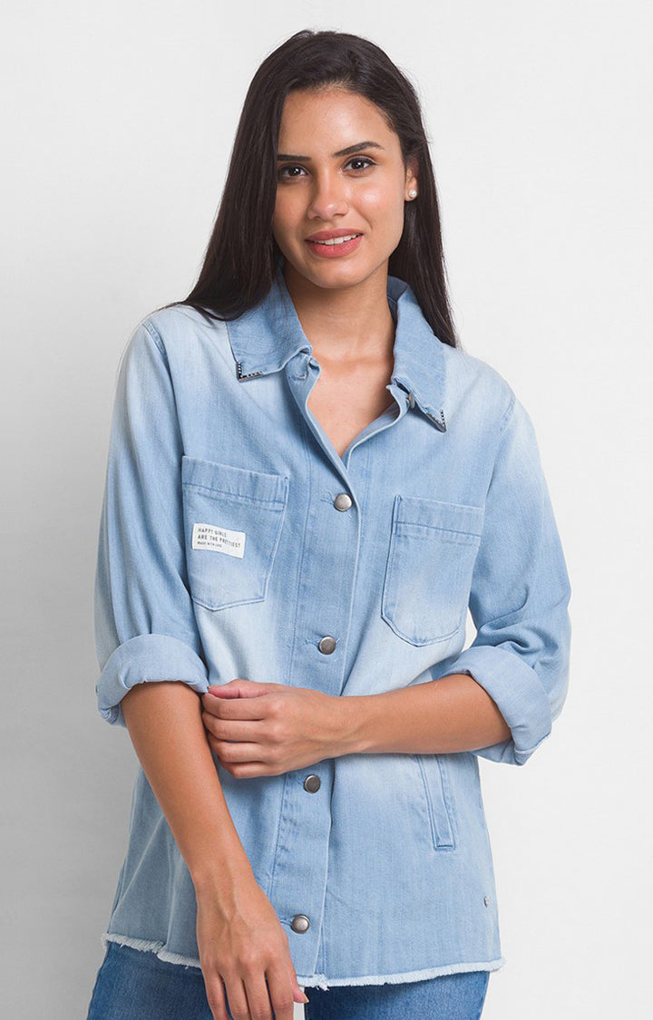 Spykar Ice Blue Cotton Full Sleeve Denim Shirts For Women