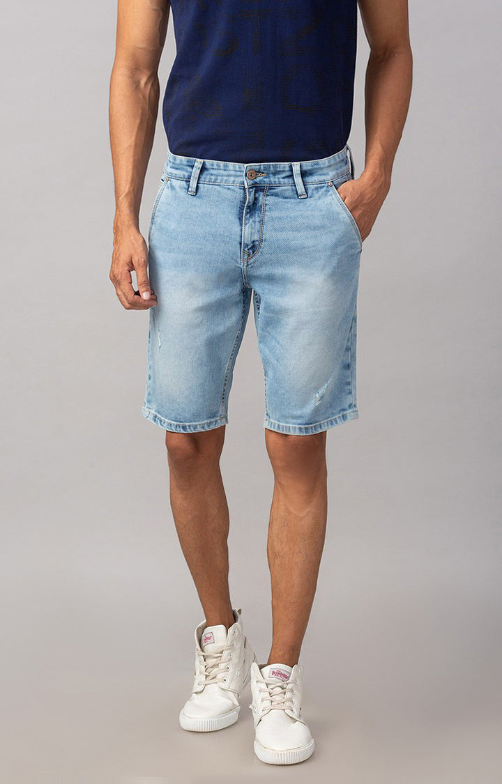 Spykar Men Ligth Blue Cotton Slim Fit Denim Shorts