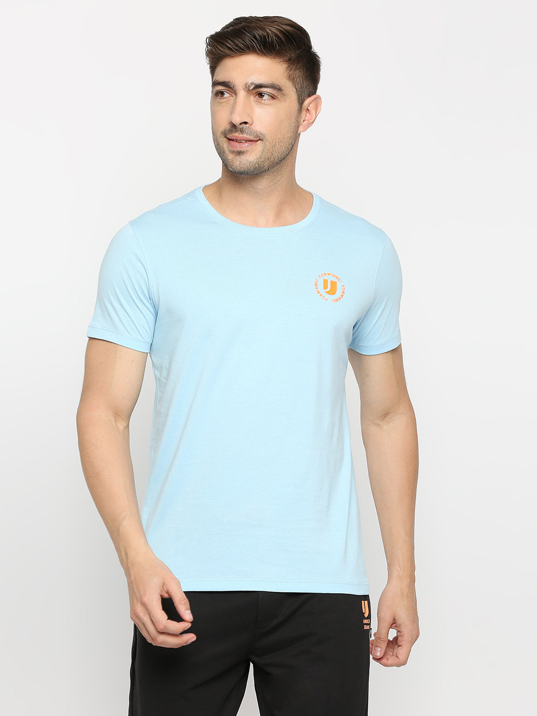 Men Premium Powder Blue Cotton Round Neck Plain Tshirt- Underjeans By Spykar