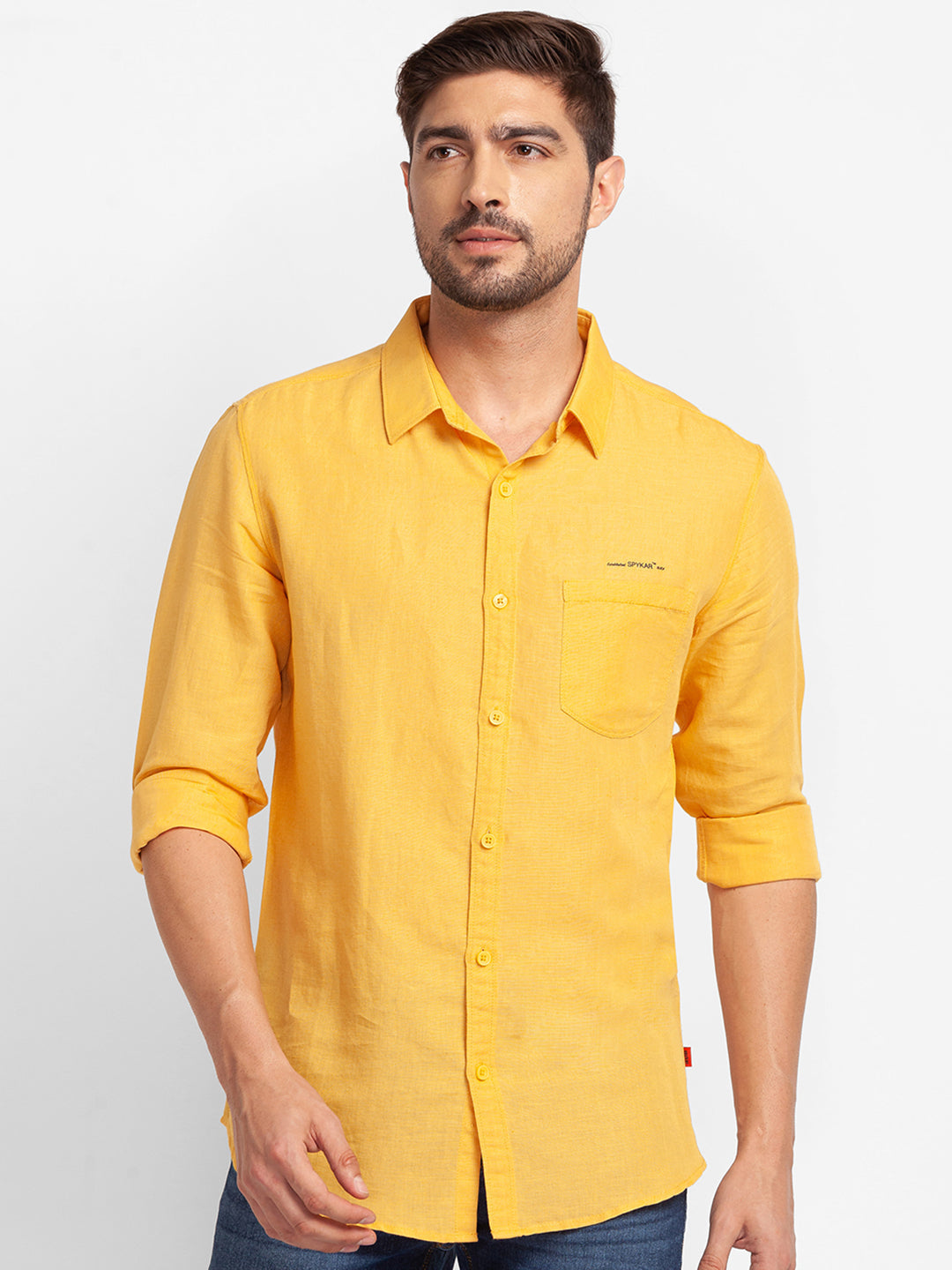 Spykar Chrome Yellow Cotton Full Sleeve Plain Shirt For Men