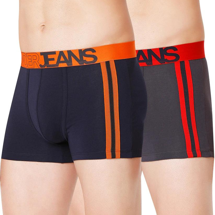 Men Premium Grey-Red & Navy-Orange Cotton Blend Trunk (Pack Of 2)- Underjeans By Spykar